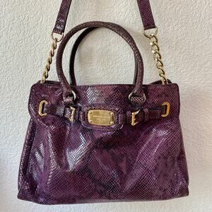 Michael Kors Hamilton Leather Purse Purple Snake Print Gold Chain